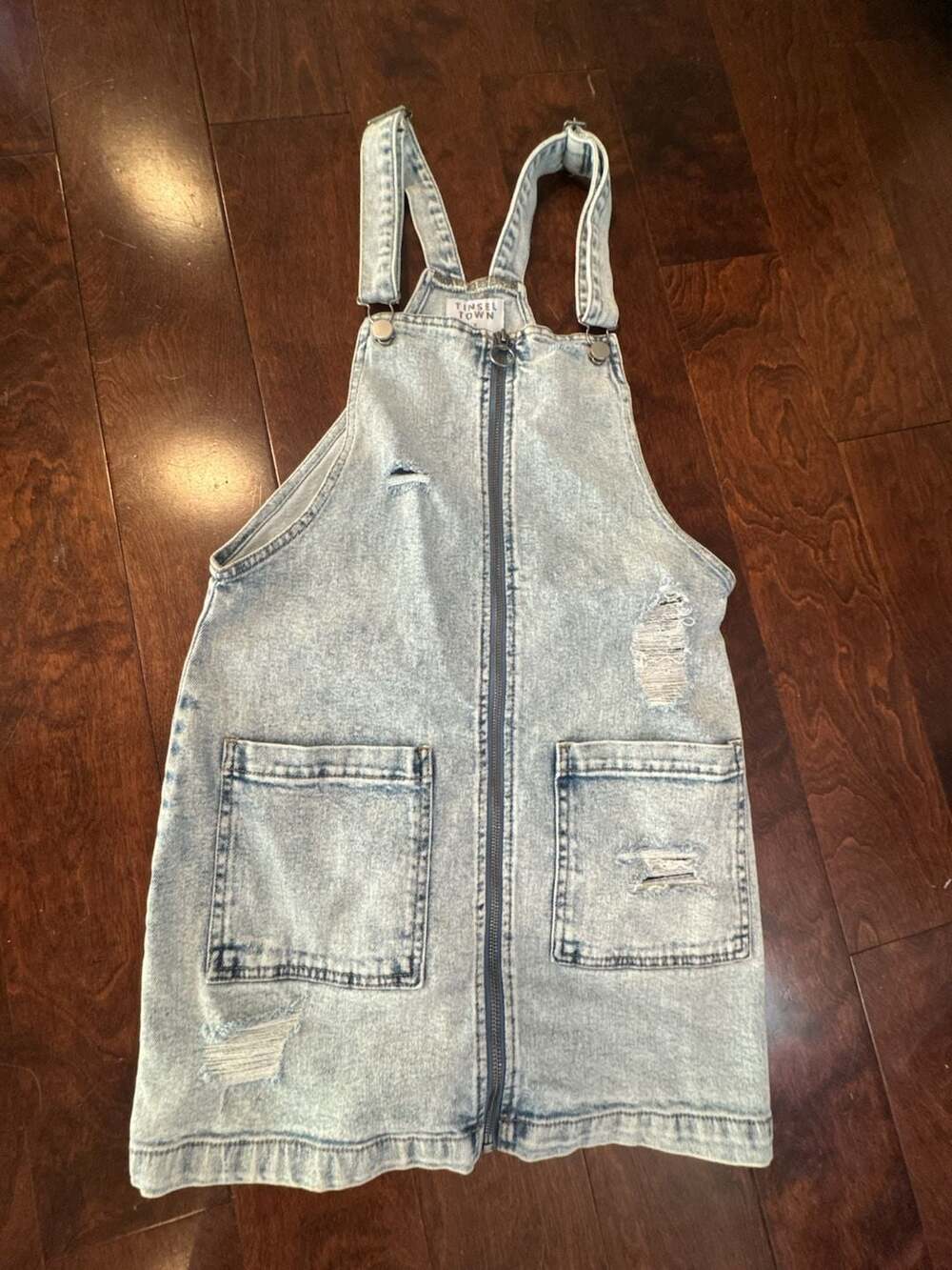 Tinsel Town Distressed Light Wash Denim Overall Dress Size S